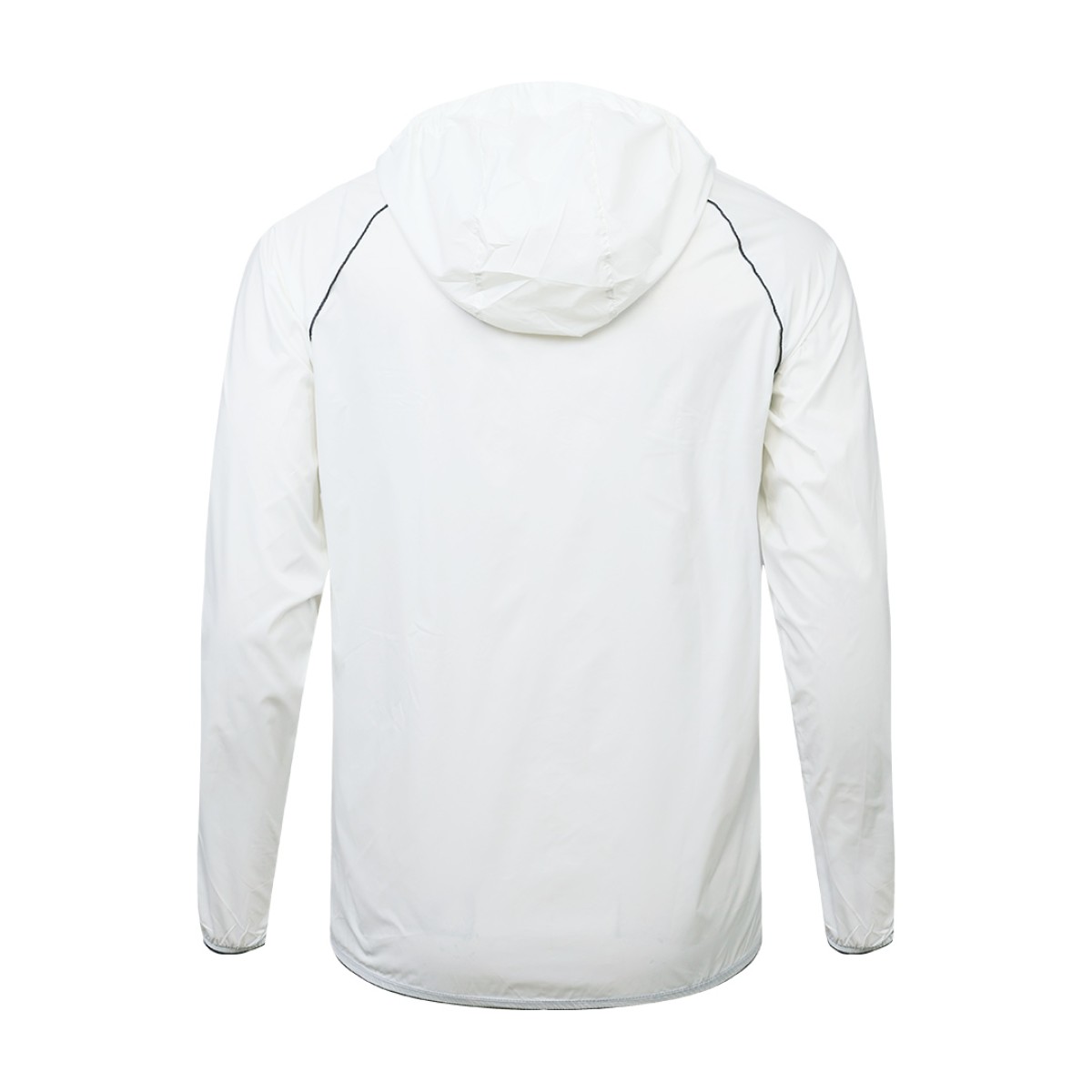 Front-facing view of a lightweight, white unisex hooded windcheater jacket. It highlights a sleek black central zipper, comfortable raglan sleeves, and practical side pockets, making it a perfect casual outer layer for summer wear jacket 2