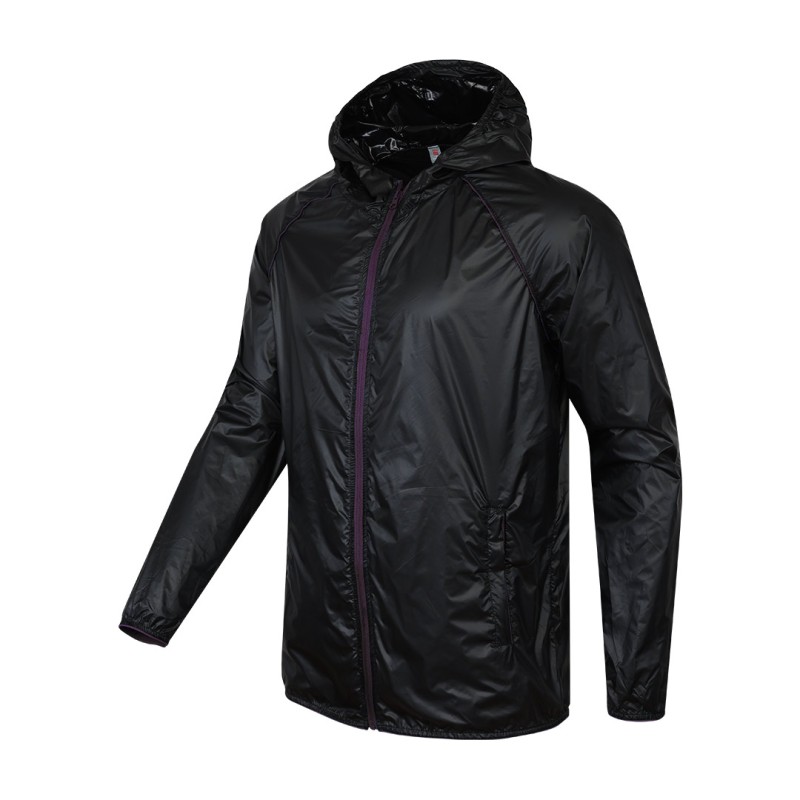 Front-facing view of a lightweight, white unisex hooded windcheater jacket. It highlights a sleek black central zipper, comfortable raglan sleeves, and practical side pockets, making it a perfect casual outer layer for summer wear jacket 0
