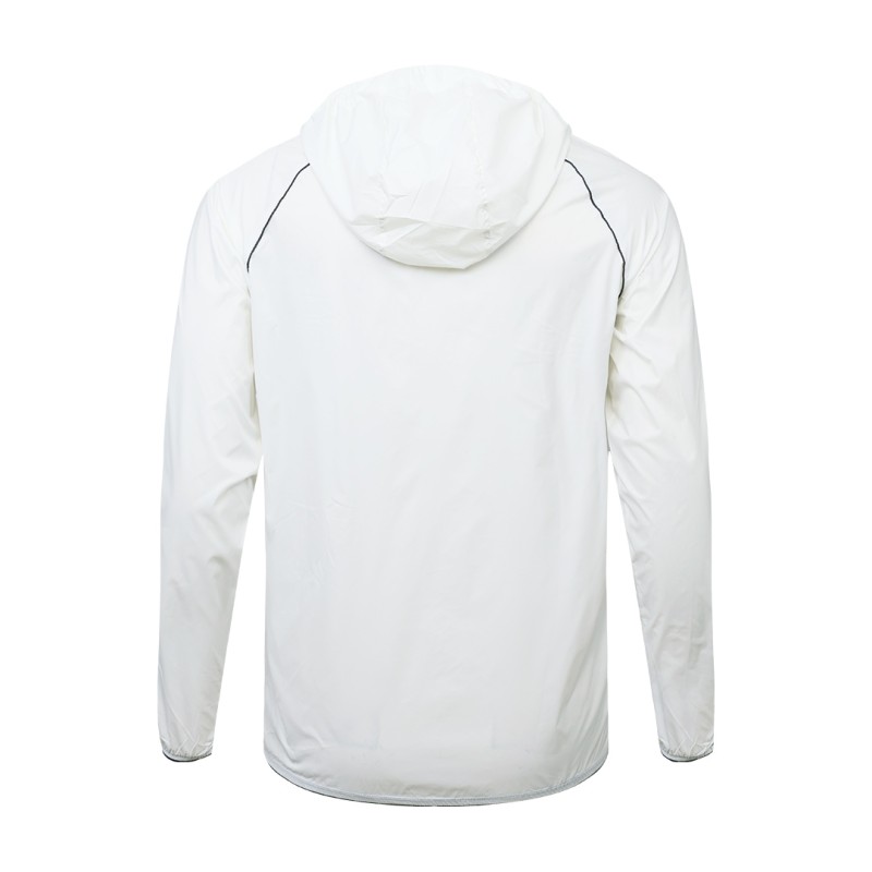 Front-facing view of a lightweight, white unisex hooded windcheater jacket. It highlights a sleek black central zipper, comfortable raglan sleeves, and practical side pockets, making it a perfect casual outer layer for summer wear jacket 2