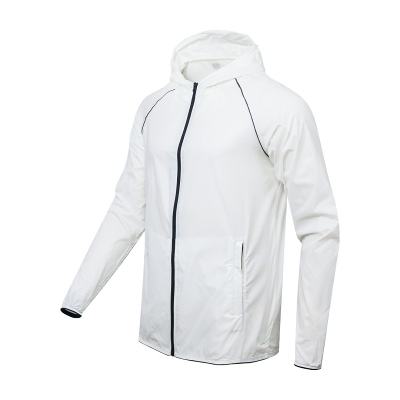 Front-facing view of a lightweight, white unisex hooded windcheater jacket. It highlights a sleek black central zipper, comfortable raglan sleeves, and practical side pockets, making it a perfect casual outer layer for summer wear jacket 3