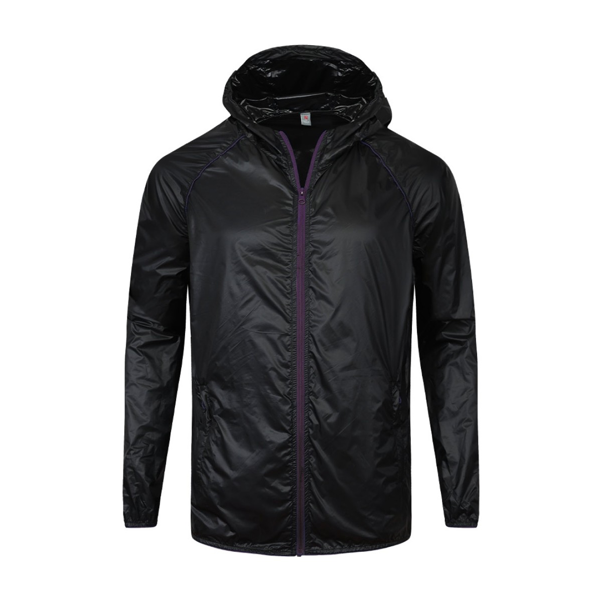 Front-facing view of a lightweight, white unisex hooded windcheater jacket. It highlights a sleek black central zipper, comfortable raglan sleeves, and practical side pockets, making it a perfect casual outer layer for summer wear jacket 0
