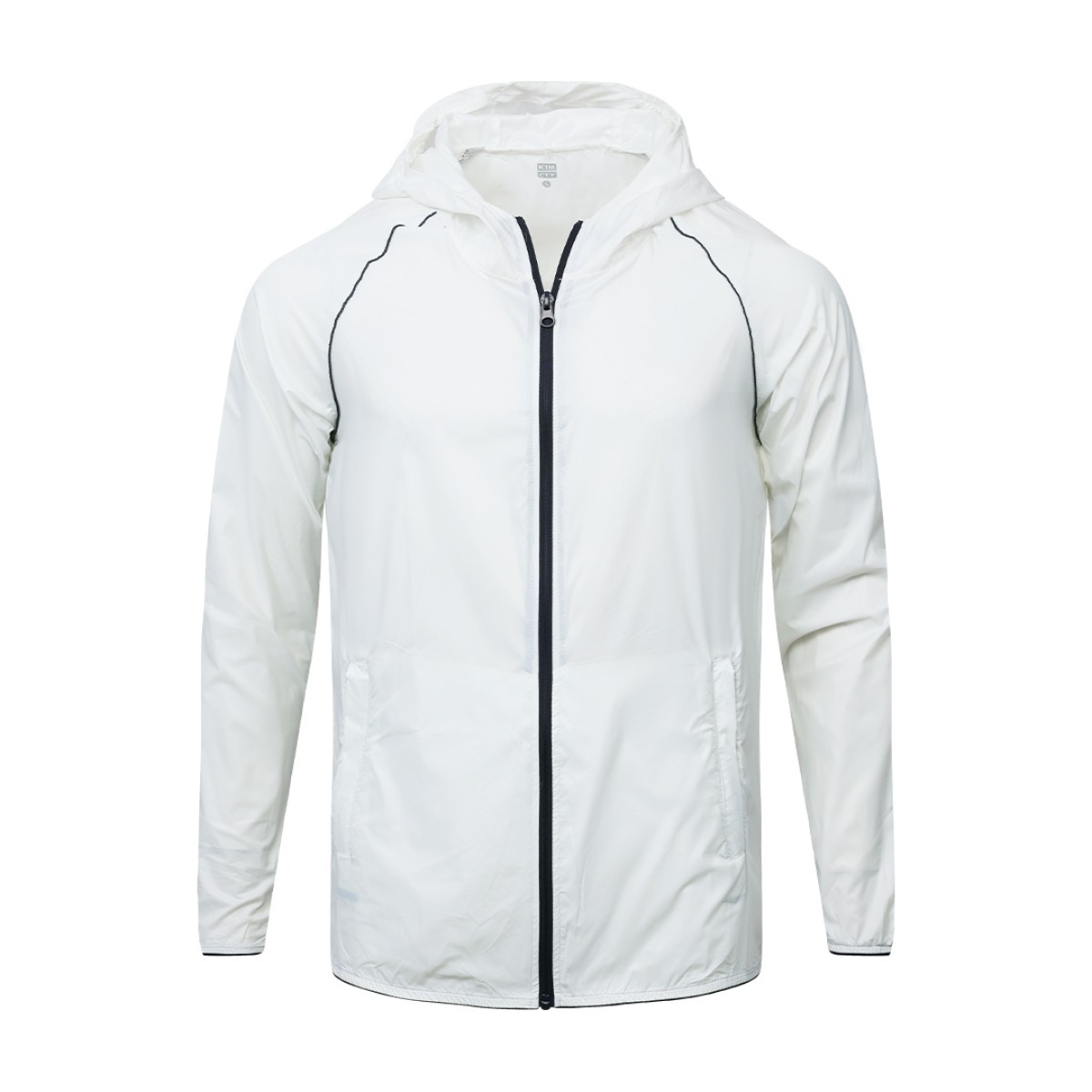 Front-facing view of a lightweight, white unisex hooded windcheater jacket. It highlights a sleek black central zipper, comfortable raglan sleeves, and practical side pockets, making it a perfect casual outer layer for summer wear jacket 1
