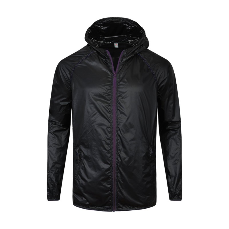 Front-facing view of a lightweight, white unisex hooded windcheater jacket. It highlights a sleek black central zipper, comfortable raglan sleeves, and practical side pockets, making it a perfect casual outer layer for summer wear jacket 0