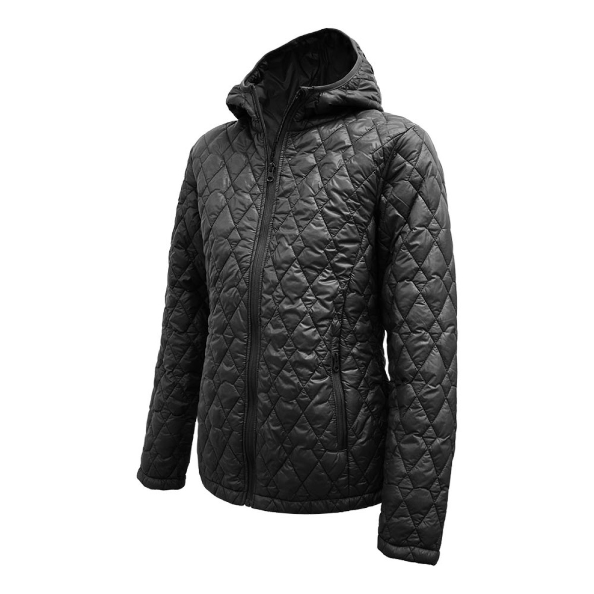Women's black Bella Quilted Polyfiber Jacket with hood by KTM CTY, diamond quilted winter jacket with zip front and side pockets 0