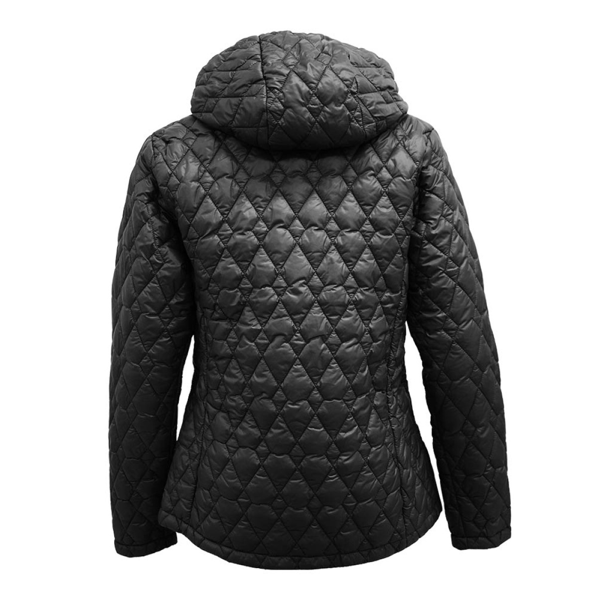 Women's black Bella Quilted Polyfiber Jacket with hood by KTM CTY, diamond quilted winter jacket with zip front and side pockets 1