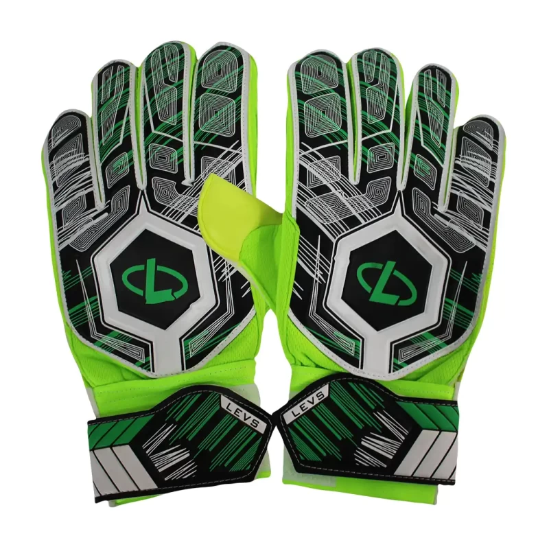 A pair of neon green, black, and white football goalkeeper gloves featuring a geometric hexagon pattern on the back, solid green grip palms, and adjustable wrist straps 0