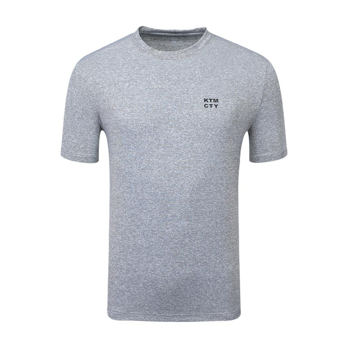 A male model wearing a dark grey heathered KTM CTY Altitude Wear short-sleeve t-shirt featuring a small white logo on the left chest 1