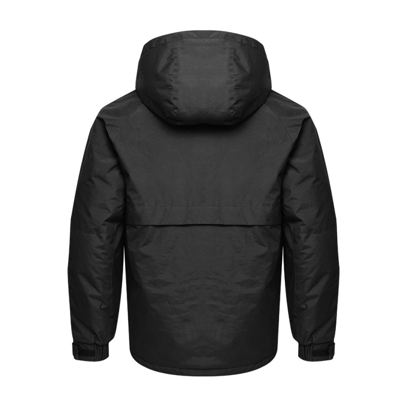 A male model wearing sunglasses and a heavy-duty, navy blue KTM CTY Cargo Shield Hoodie Winter Jacket, featuring a thick hood, snap-button front and multiple cargo pockets for cold weather protection. 3