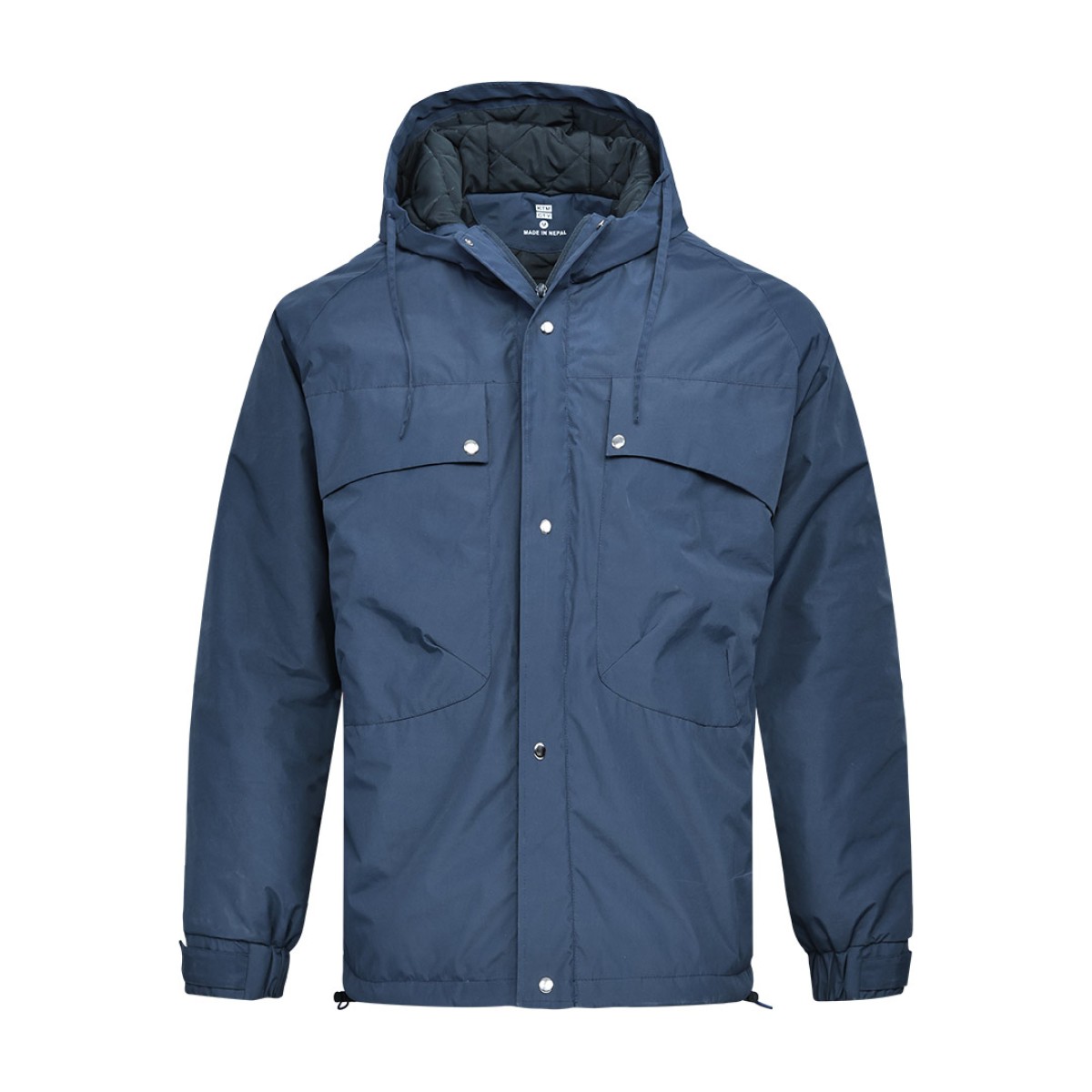A male model wearing sunglasses and a heavy-duty, navy blue KTM CTY Cargo Shield Hoodie Winter Jacket, featuring a thick hood, snap-button front and multiple cargo pockets for cold weather protection. 0