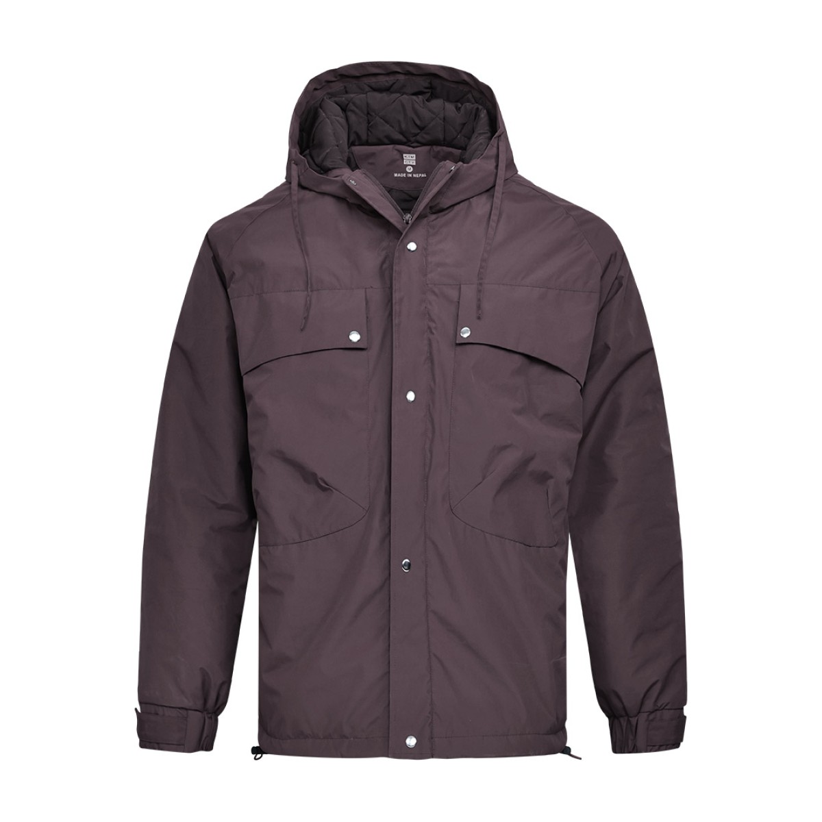 A male model wearing sunglasses and a heavy-duty, navy blue KTM CTY Cargo Shield Hoodie Winter Jacket, featuring a thick hood, snap-button front and multiple cargo pockets for cold weather protection. 2