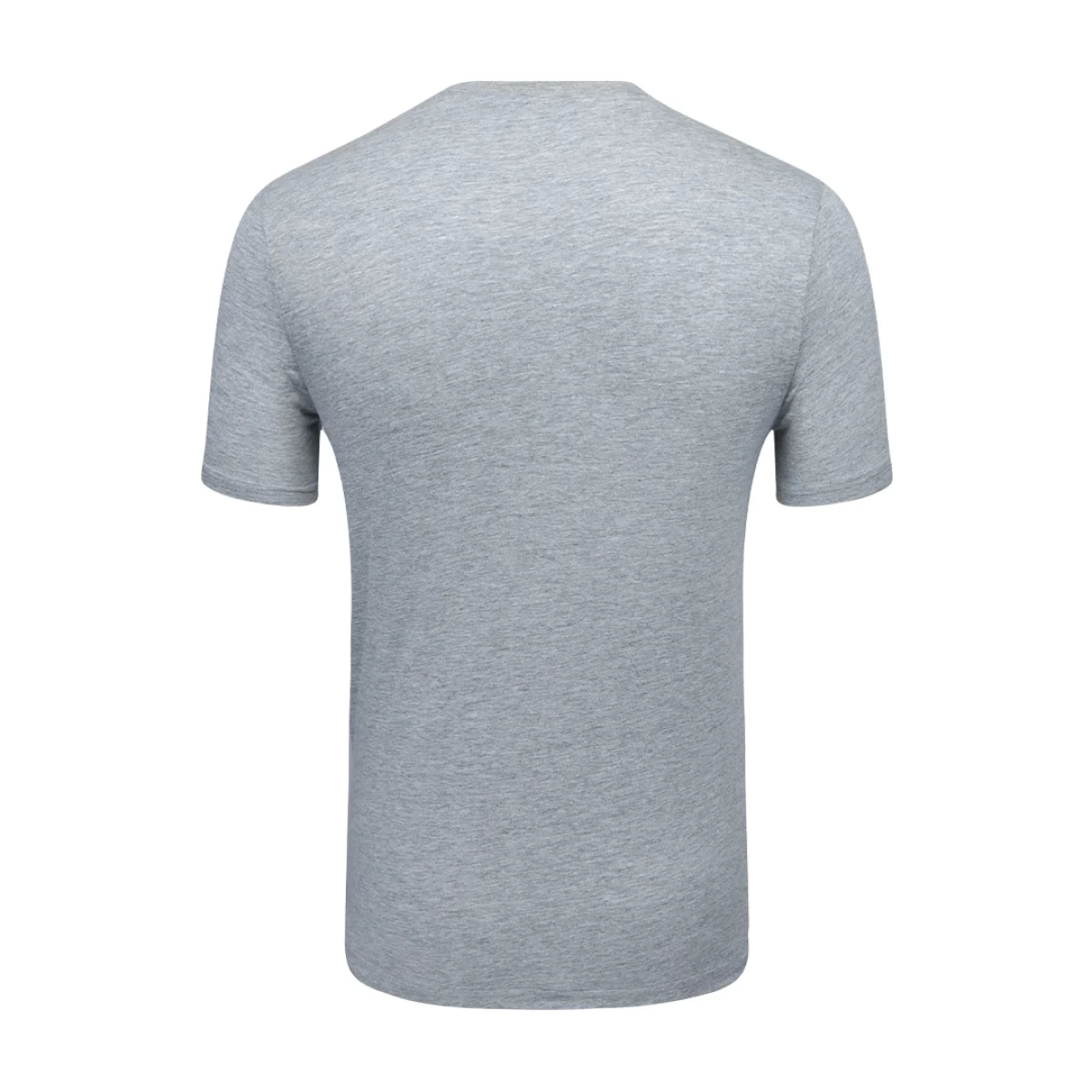 A female and male model standing back-to-back wearing the unisex KTMCTY Core Flex Crew Neck T-Shirt; the woman is wearing light grey and the man is wearing black. 1