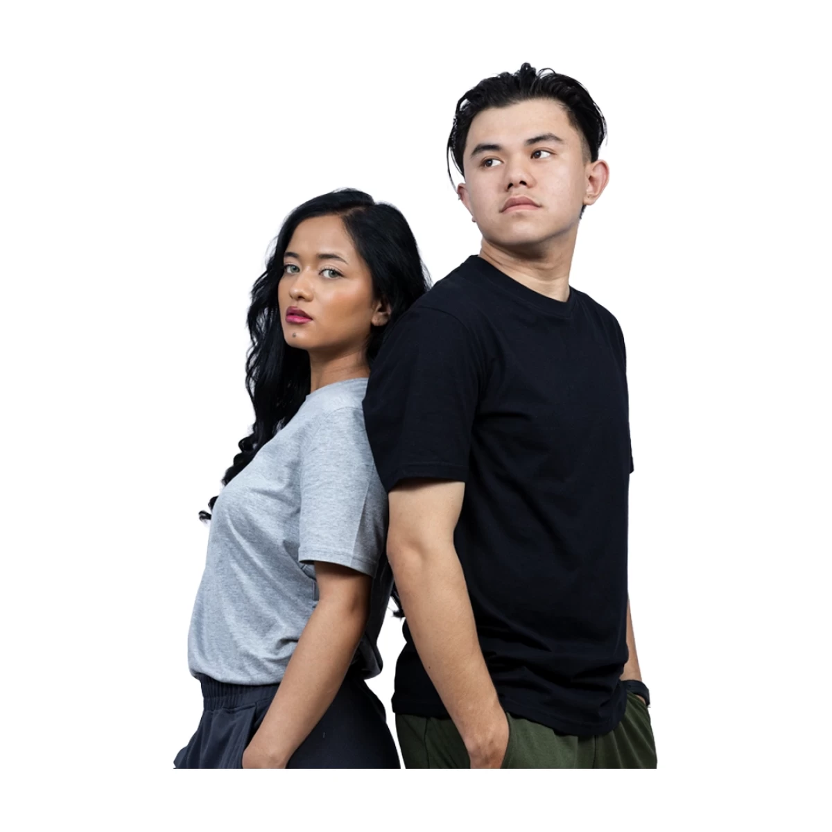 A female and male model standing back-to-back wearing the unisex KTMCTY Core Flex Crew Neck T-Shirt; the woman is wearing light grey and the man is wearing black.