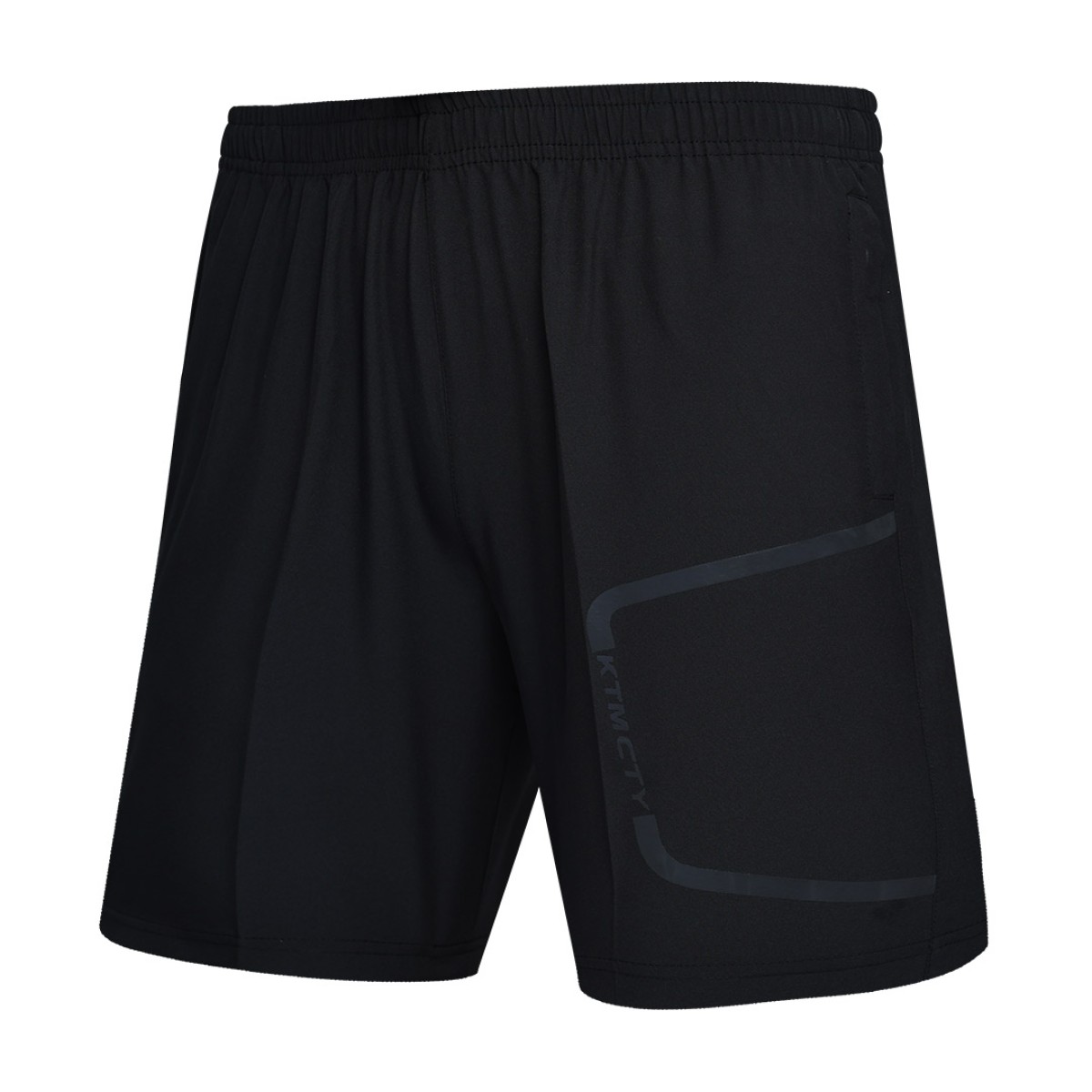 a pair of black KTM CTY Kinetic Training Shorts featuring an elastic waistband and a subtle grey geometric graphic design on the left thigh, designed for summer activewear