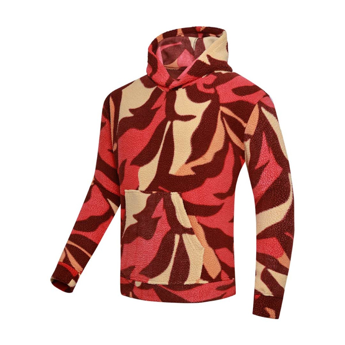 Model styling the KTM CTY Oversize Emberprint Sherpa Hoodie, featuring a warm, textured fleece with an earthy brown, green, and cream abstract pattern, oversized fit, with her hands in the front kangaroo pocket 2
