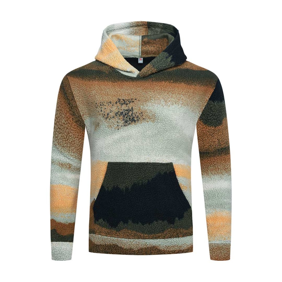 Model styling the KTM CTY Oversize Emberprint Sherpa Hoodie, featuring a warm, textured fleece with an earthy brown, green, and cream abstract pattern, oversized fit, with her hands in the front kangaroo pocket 2