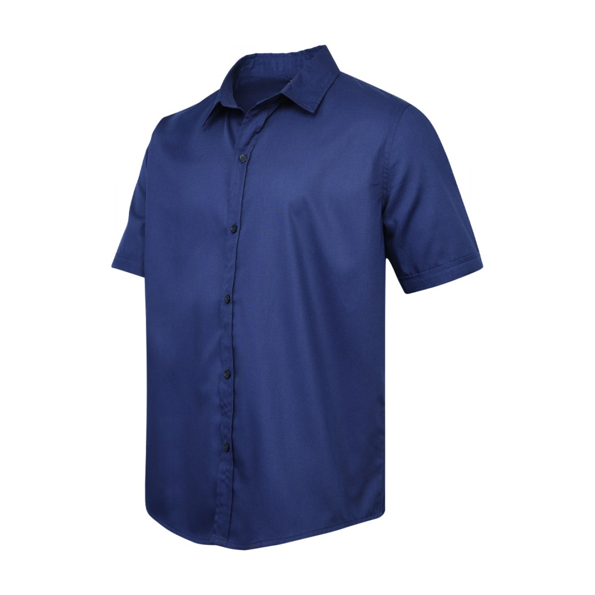 A male model showcasing a relaxed, comfortable fit in the dark blue KTM CTY oversize half sleeve button-down shirt, made from a breathable casual cotton fabric 0