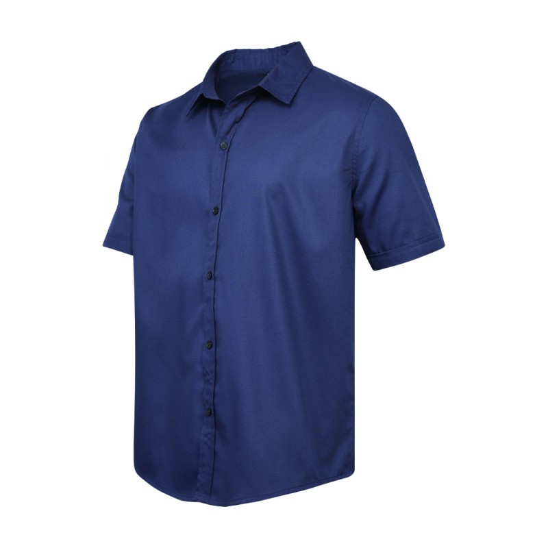 A male model showcasing a relaxed, comfortable fit in the dark blue KTM CTY oversize half sleeve button-down shirt, made from a breathable casual cotton fabric 0