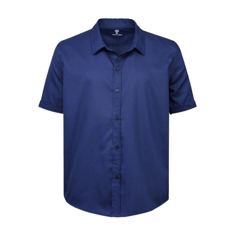 A male model showcasing a relaxed, comfortable fit in the dark blue KTM CTY oversize half sleeve button-down shirt, made from a breathable casual cotton fabric 0