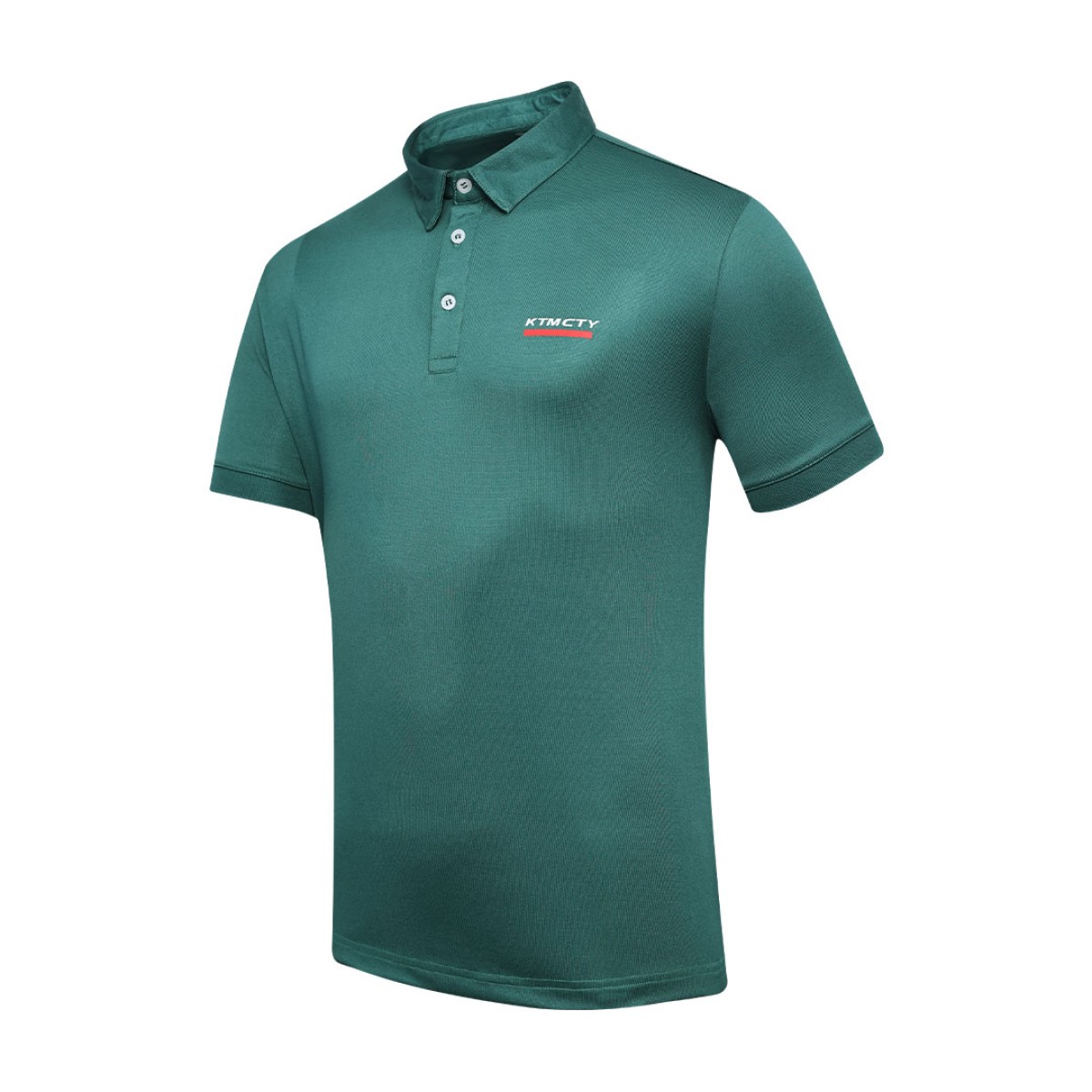 A man styling the forest green KTM CTY Pulse athletic polo tshirt, featuring a classic buttoned collar and short sleeves, paired comfortably with casual grey trousers 4