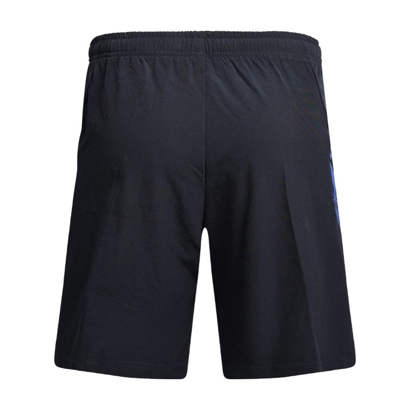 A pair of black KTM CTY Strike Active Shorts featuring an elastic waistband and a bold blue graphic design on the left leg, perfect for summer workouts and casual wear. 1