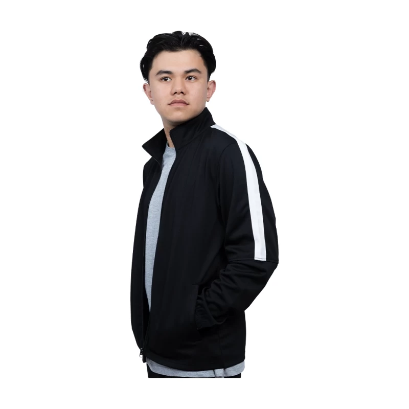 A male and female model standing back-to-back wearing the unisex KTMCTY Strike Track Jacket in grey and navy blue, featuring a classic white stripe down the sleeves 1