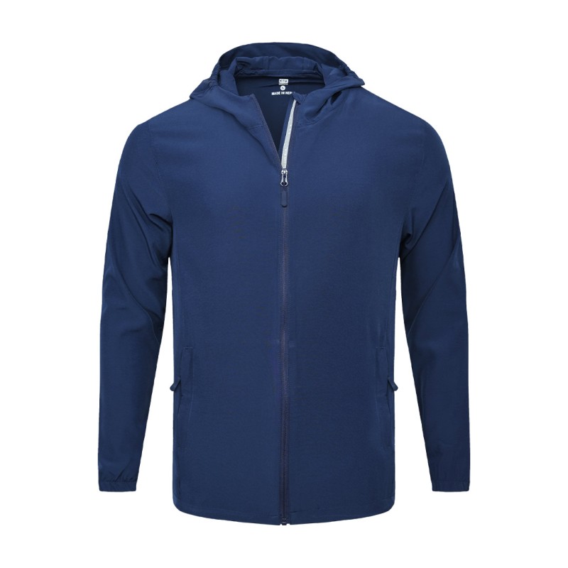 Male model wearing a light grey KTM CTY Swiftlayer Summer Wear Windcheater, a lightweight zip-up Windguard jacket featuring a hood, elastic cuffs, men's windproof windcheater for bike riding 1
