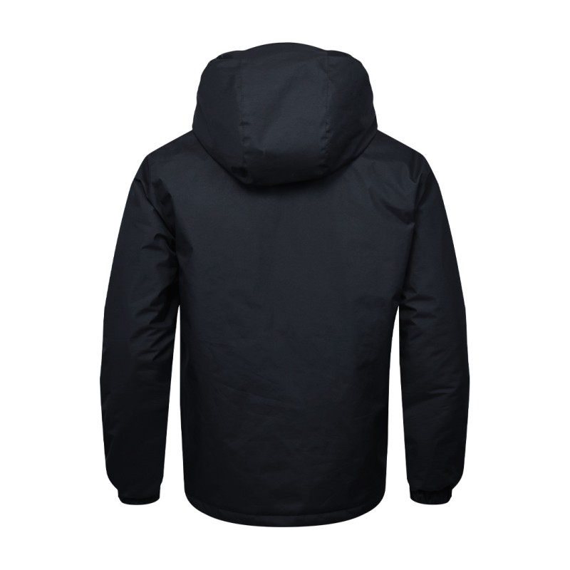 A male model wearing sunglasses and a navy blue KTM CTY Trailhawk Jacket, featuring an insulated, padded design with a full front zipper and hood for winter weather protection. 1
