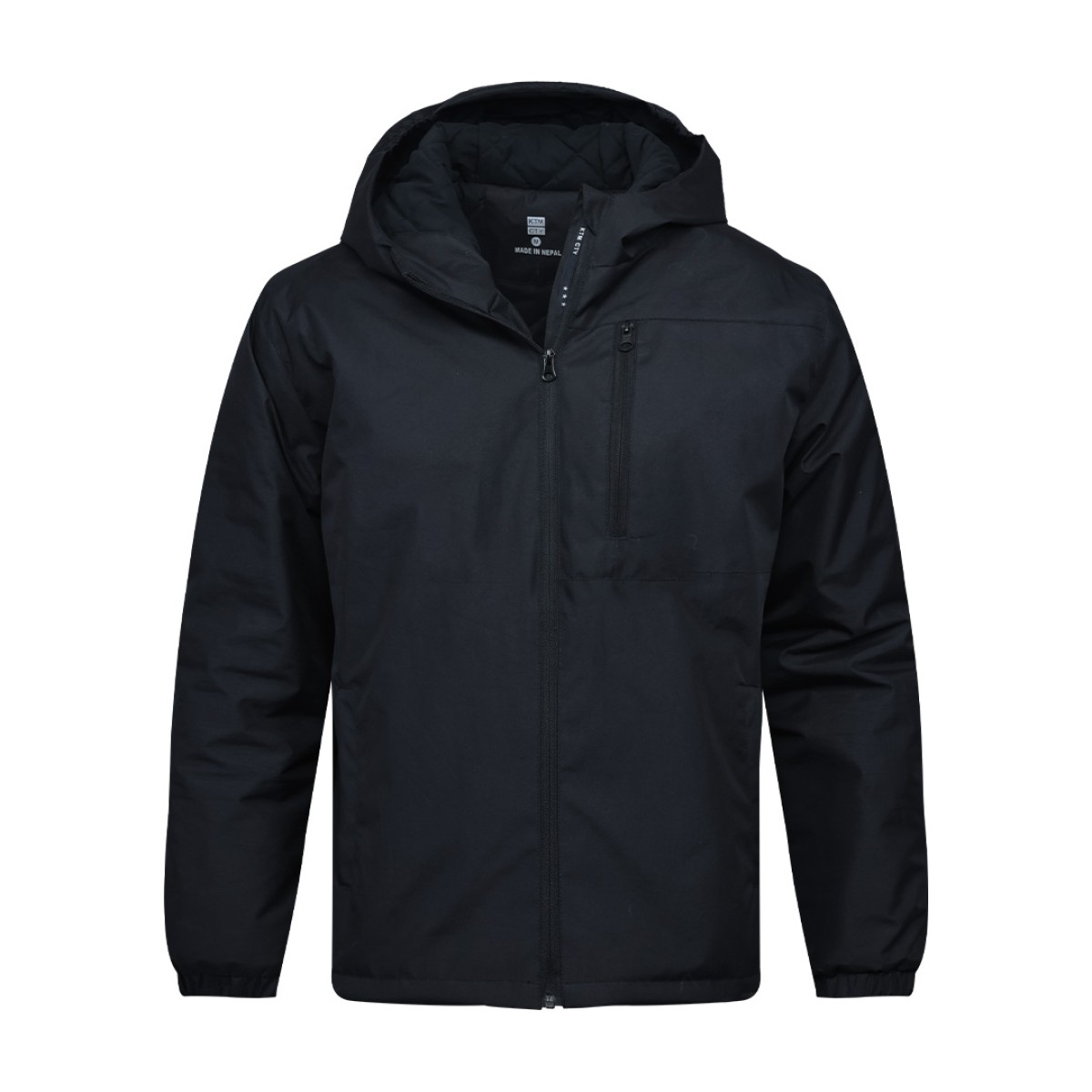 A male model wearing sunglasses and a navy blue KTM CTY Trailhawk Jacket, featuring an insulated, padded design with a full front zipper and hood for winter weather protection. 0