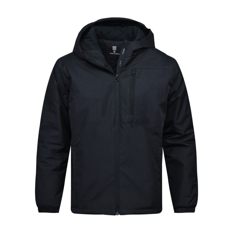 A male model wearing sunglasses and a navy blue KTM CTY Trailhawk Jacket, featuring an insulated, padded design with a full front zipper and hood for winter weather protection. 0