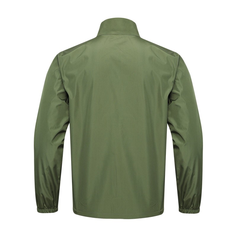 A male model wearing sunglasses looks off to the side while adjusting the collar of his olive green KTM CTY windbreaker, windcheater. The lightweight windguard jacket features a full-zip front, elastic cuffs, and a small white logo on the chest 1