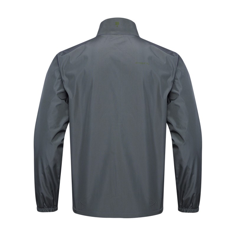 A male model wearing sunglasses looks off to the side while adjusting the collar of his olive green KTM CTY windbreaker, windcheater. The lightweight windguard jacket features a full-zip front, elastic cuffs, and a small white logo on the chest 3