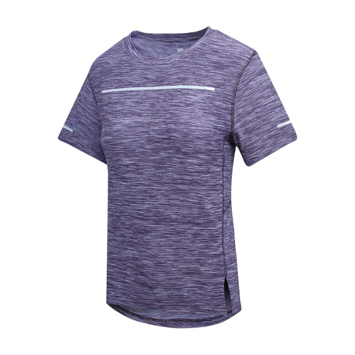 A female model posing with hands on her hips, wearing a purple heathered short-sleeve athletic KTM Luna Wear Crop T-Shirt featuring black horizontal line accents across the chest and sleeves, paired with grey activewear bottoms 0