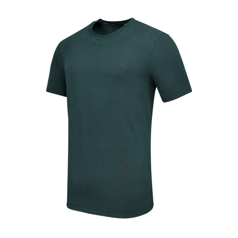 A close-up shot of the mid dark blue green KTMCTY Foundation Tee tshirt. The fine texture of the breathable cotton fabric is visible, along with the clean stitching of this essential summer wear t-shirt. 0