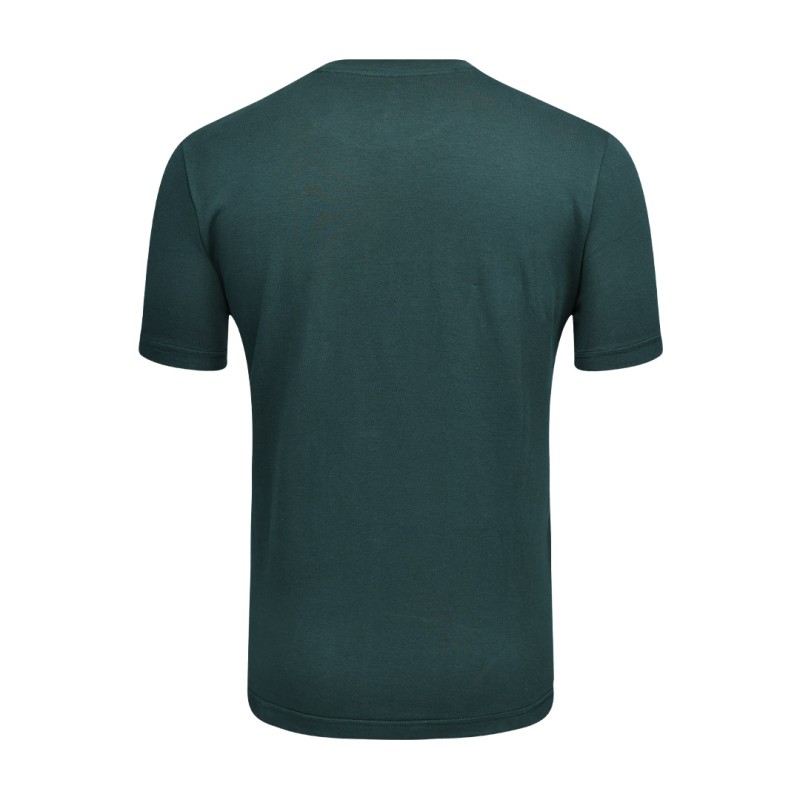 A close-up shot of the mid dark blue green KTMCTY Foundation Tee tshirt. The fine texture of the breathable cotton fabric is visible, along with the clean stitching of this essential summer wear t-shirt. 1