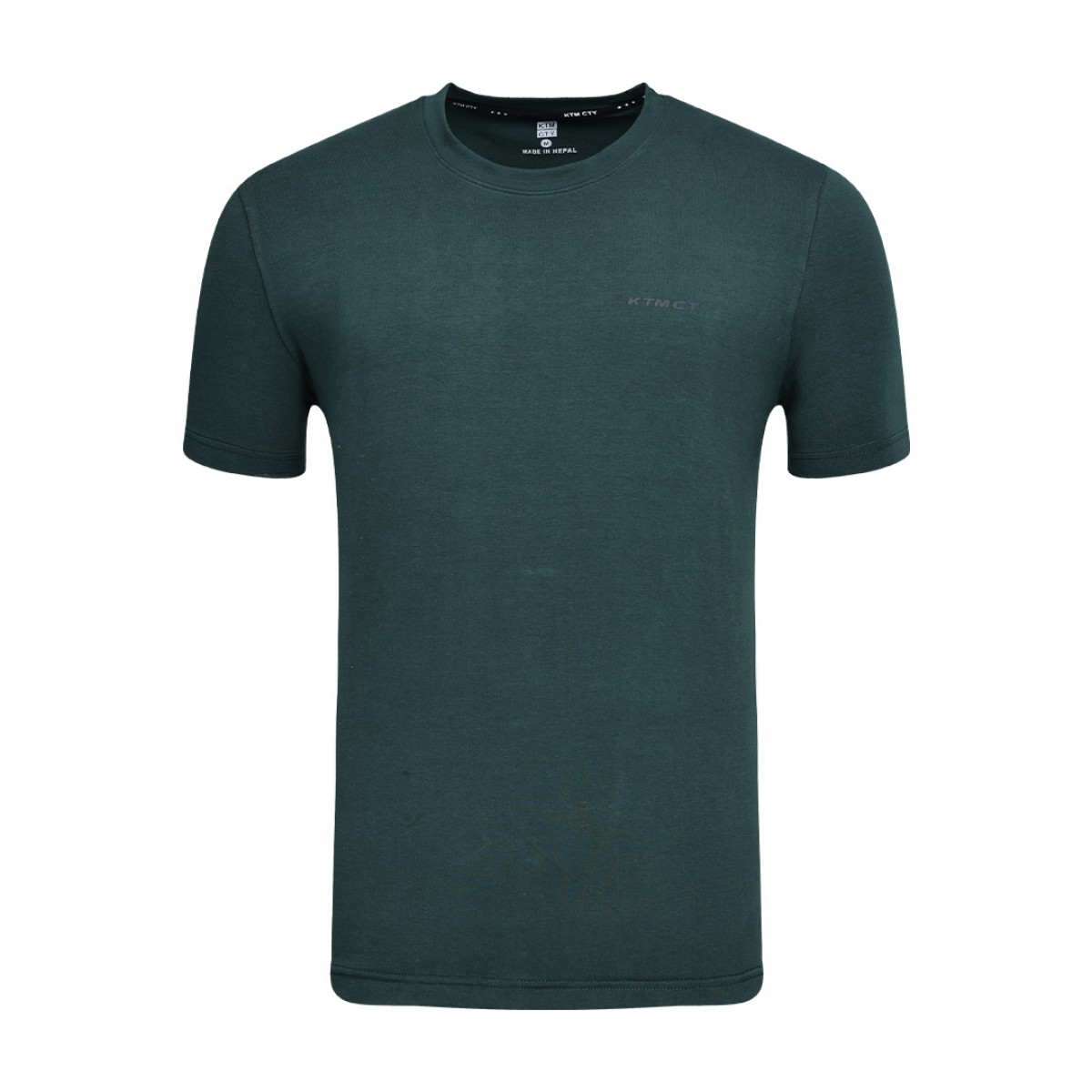 A close-up shot of the mid dark blue green KTMCTY Foundation Tee tshirt. The fine texture of the breathable cotton fabric is visible, along with the clean stitching of this essential summer wear t-shirt. 0