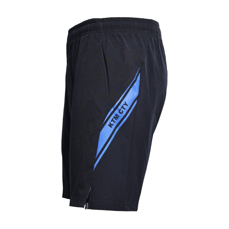 A front-angled view of the black KTM CTY Strike Active Shorts, a versatile half pant featuring an elastic waistband and a striking blue graphic detail on the side, lightweight fabric 0