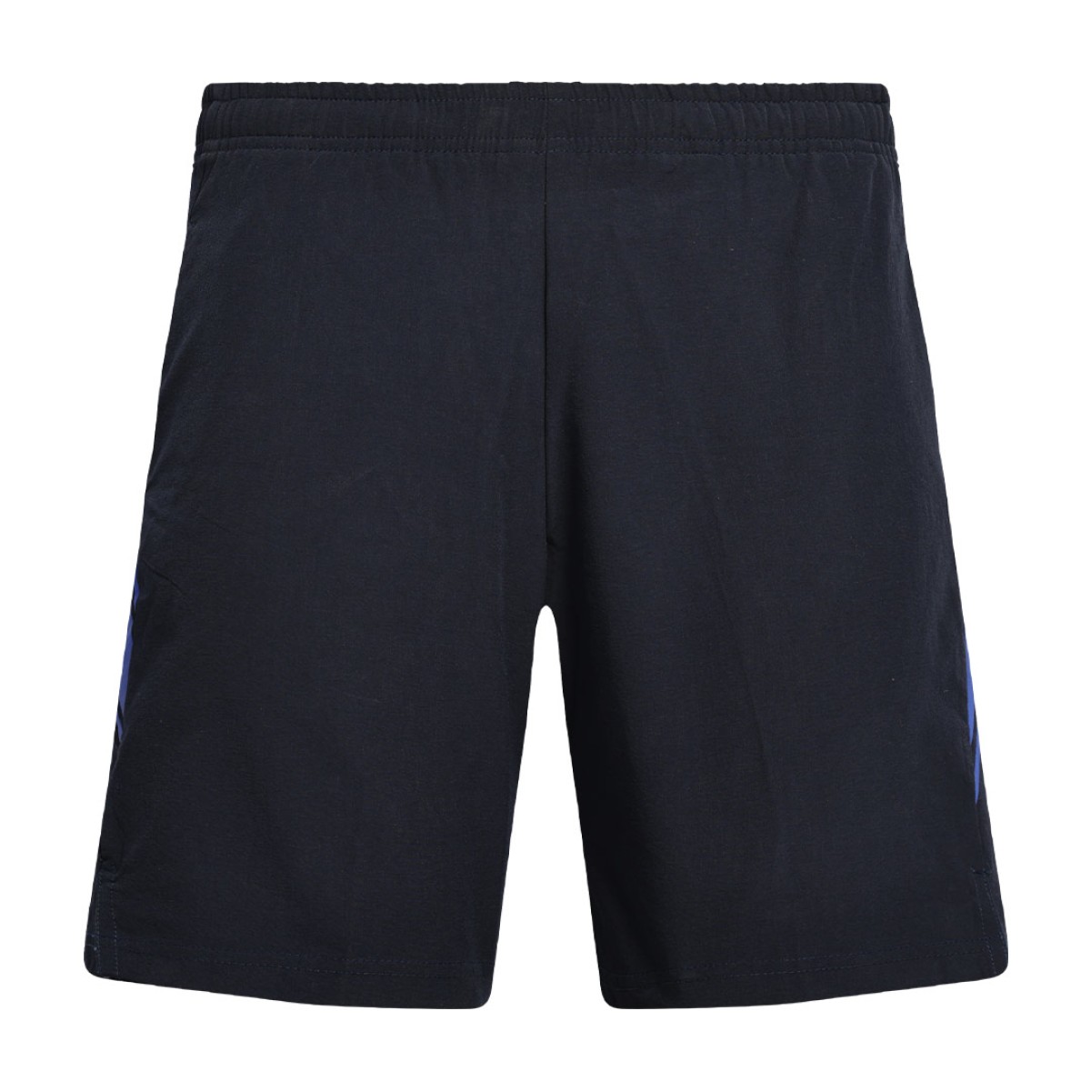A front-angled view of the black KTM CTY Strike Active Shorts, a versatile half pant featuring an elastic waistband and a striking blue graphic detail on the side, lightweight fabric 0