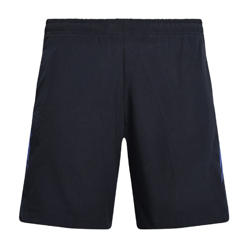 A front-angled view of the black KTM CTY Strike Active Shorts, a versatile half pant featuring an elastic waistband and a striking blue graphic detail on the side, lightweight fabric 0