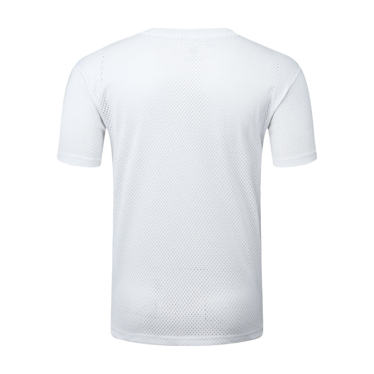 A male model wearing a white, sleeve t-shirt with a textured, perforated mesh design 1