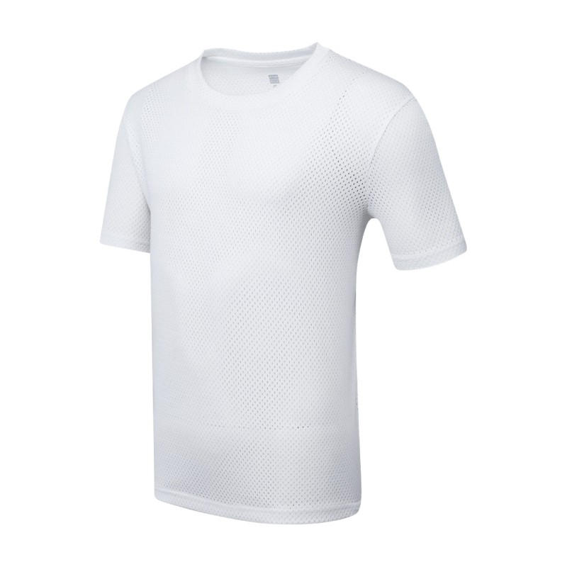 A male model wearing a white, sleeve t-shirt with a textured, perforated mesh design 0