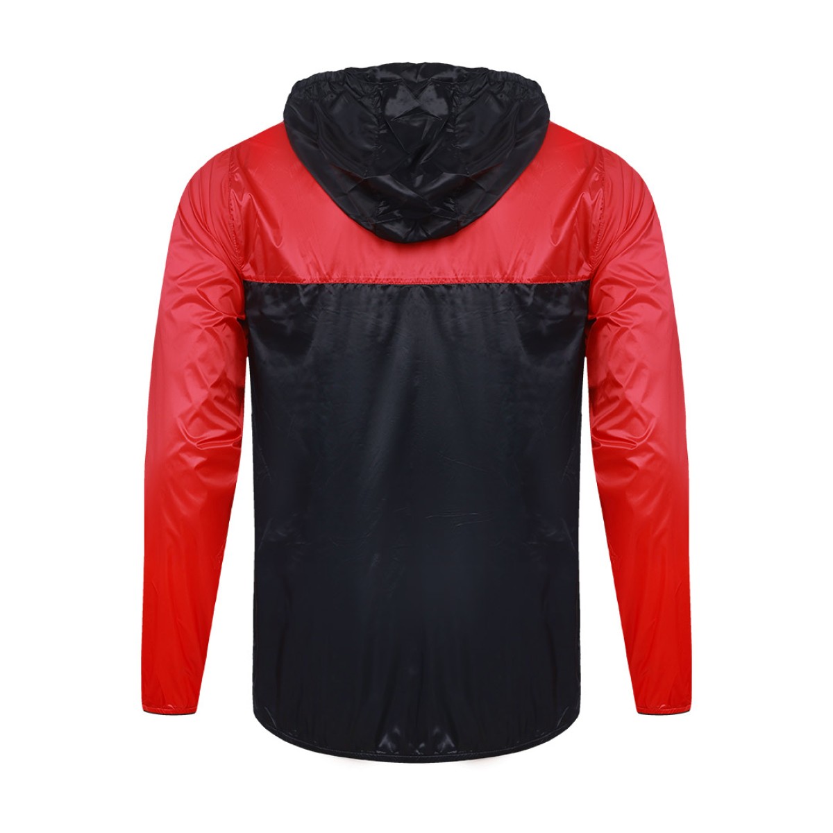 Front view of a male model styling a vibrant red and blue color-block lightweight windcheater jacket. This casual Unisex Windbreaker Jacket features a full zipper and a protective hood, making it a great outer layer for summer wear jacket. 5