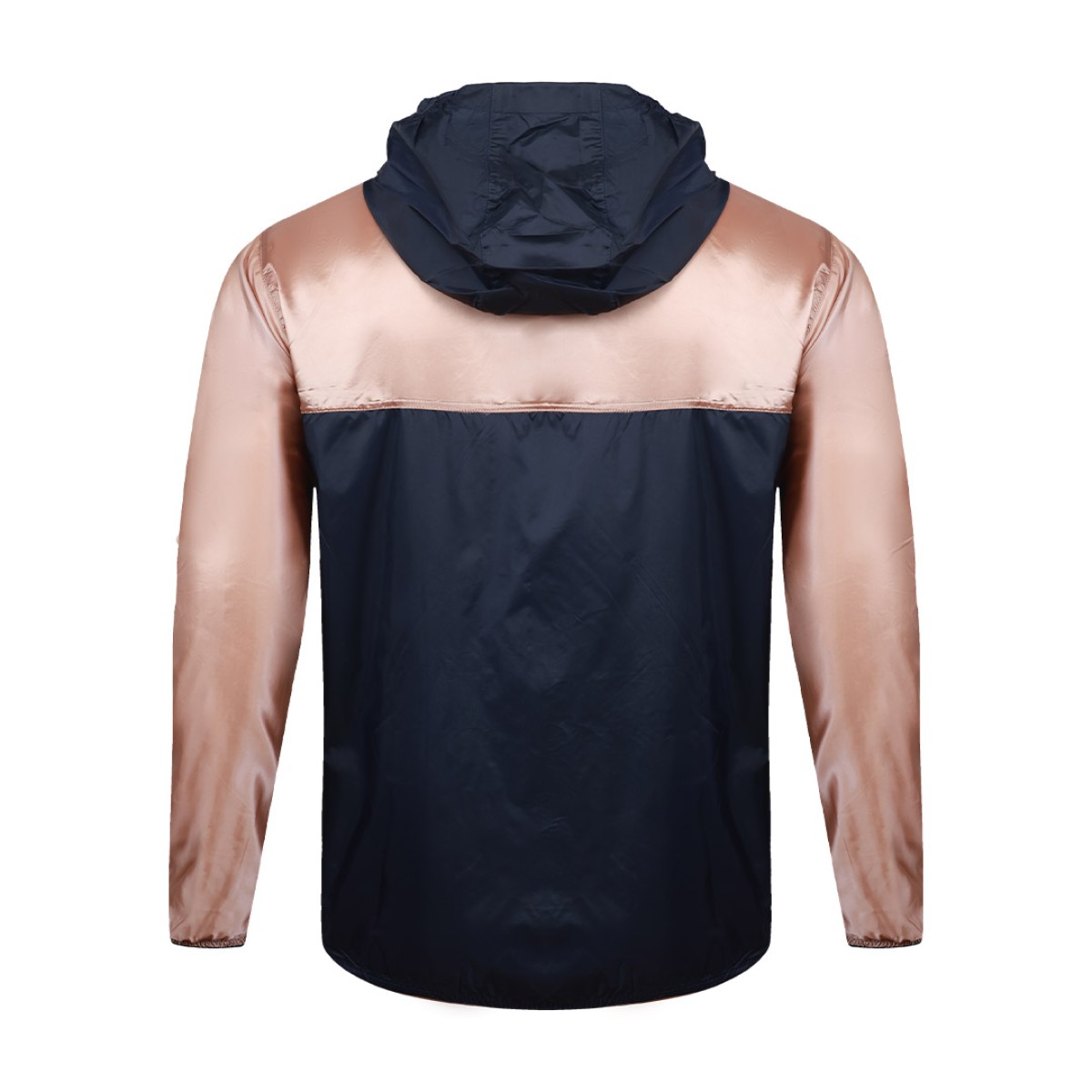 Front view of a male model styling a vibrant red and blue color-block lightweight windcheater jacket. This casual Unisex Windbreaker Jacket features a full zipper and a protective hood, making it a great outer layer for summer wear jacket. 9