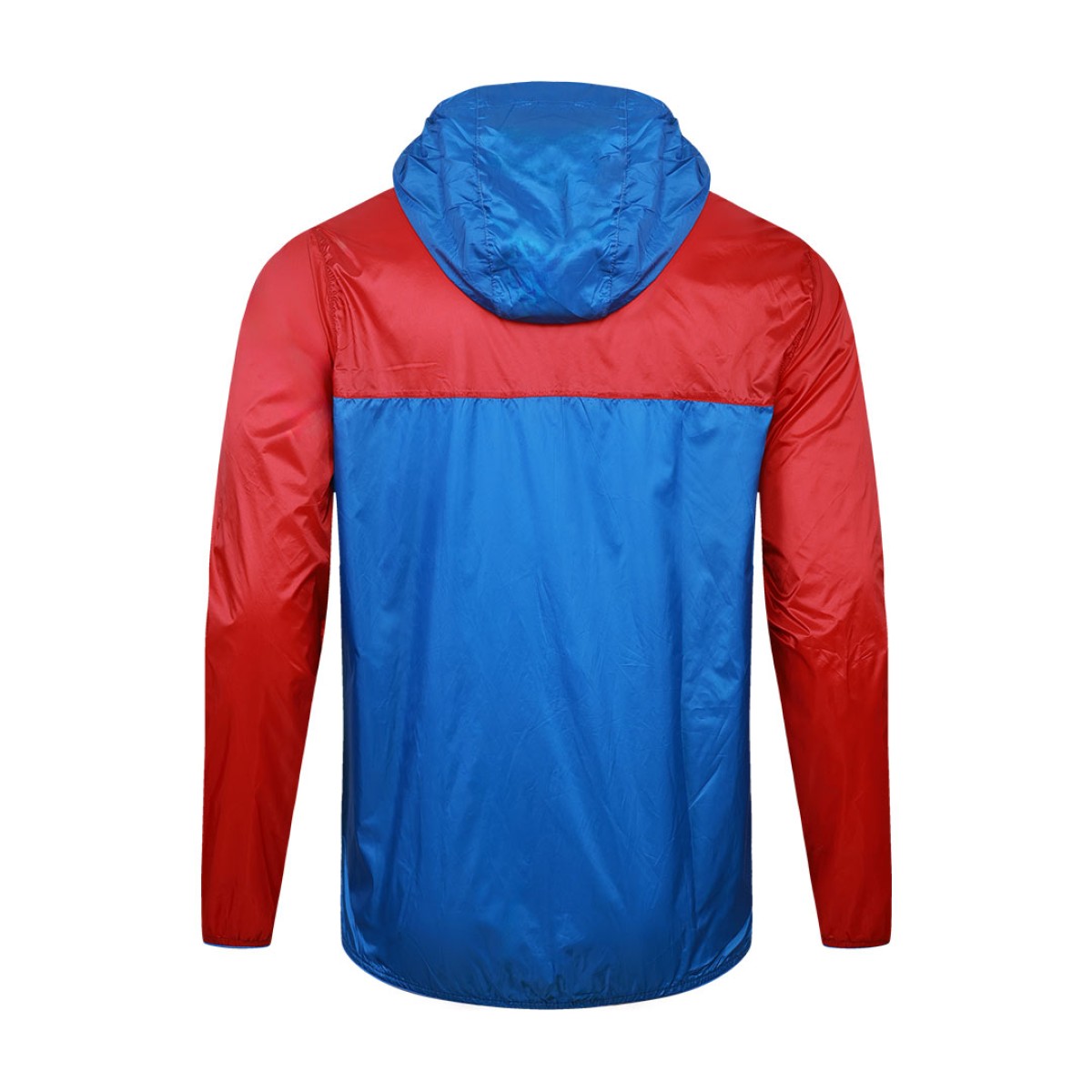 A smiling male model wearing the lightweight SkyShield Windcheater Jacket, featuring a bold red and bright blue color-block design, a full front zipper and an adjustable hood 7