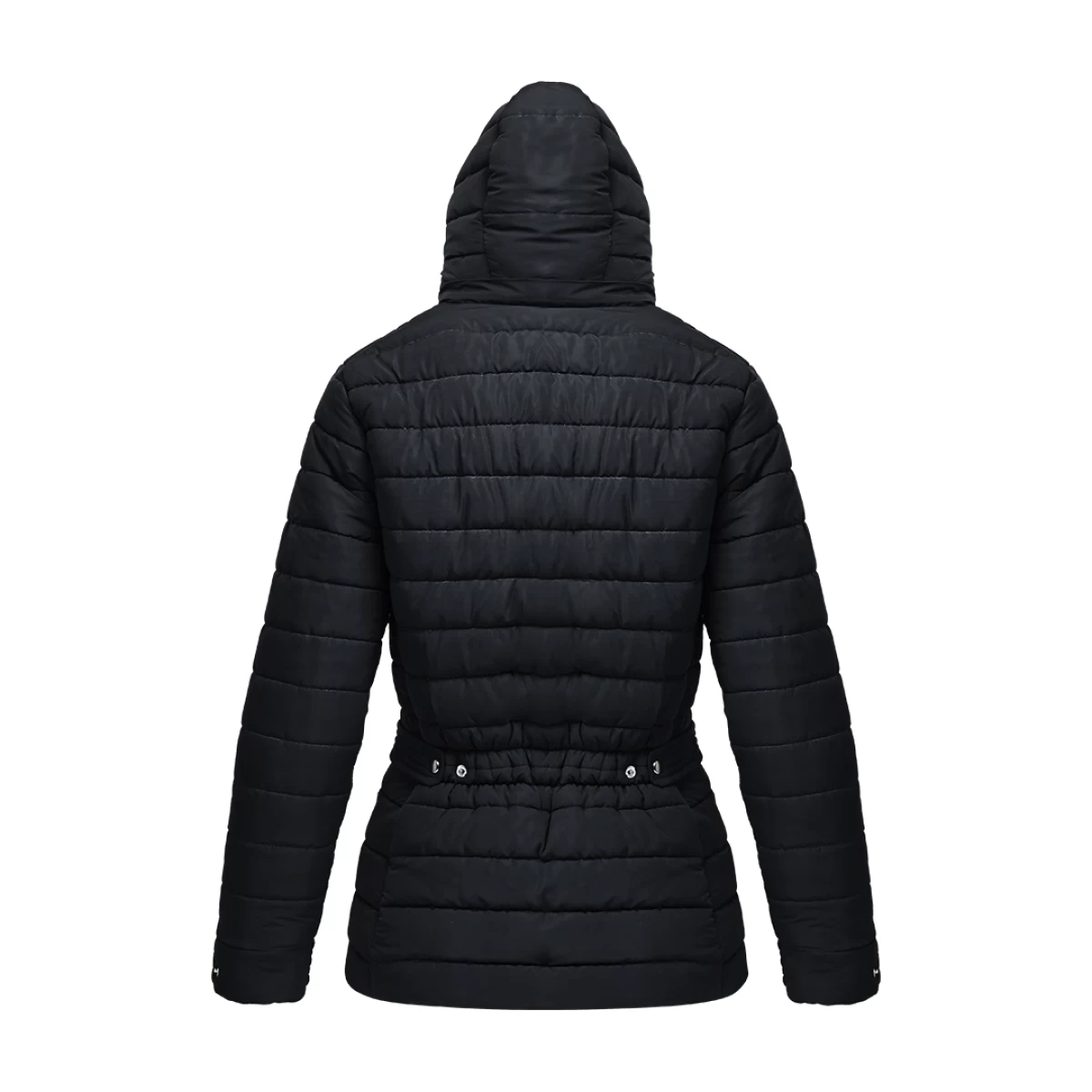 Women's black Stella Quilted Parka Jacket by KTM CTY, side view, showing snap-button adjustable hood, high collar, full front zip, and zippered hip pockets with pull-tabs for her 0