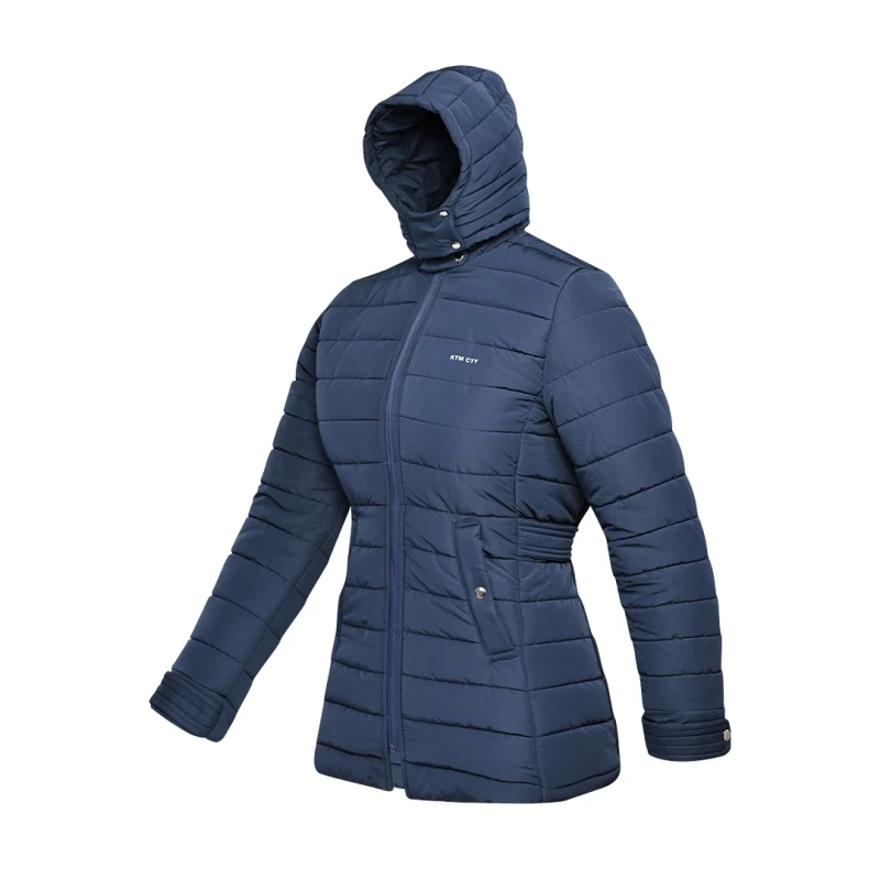 Women's black Stella Quilted Parka Jacket by KTM CTY, side view, showing snap-button adjustable hood, high collar, full front zip, and zippered hip pockets with pull-tabs for her