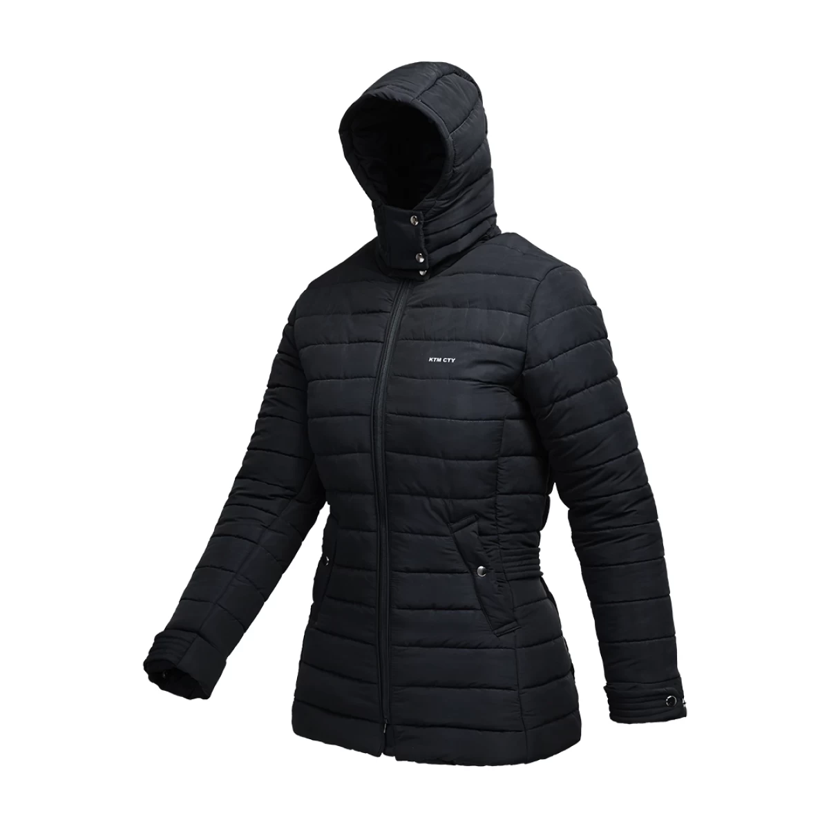 KTM CTY Stella Template Parka Jacket in black with hood and quilted design for winter wear 0