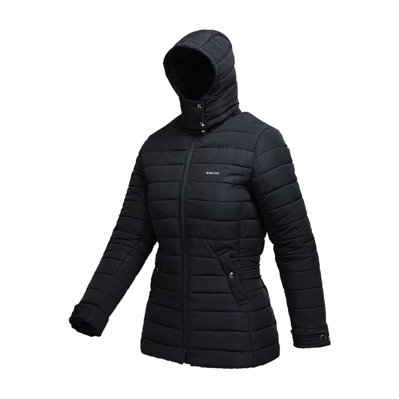 KTM CTY Stella Template Parka Jacket in black with hood and quilted design for winter wear 0