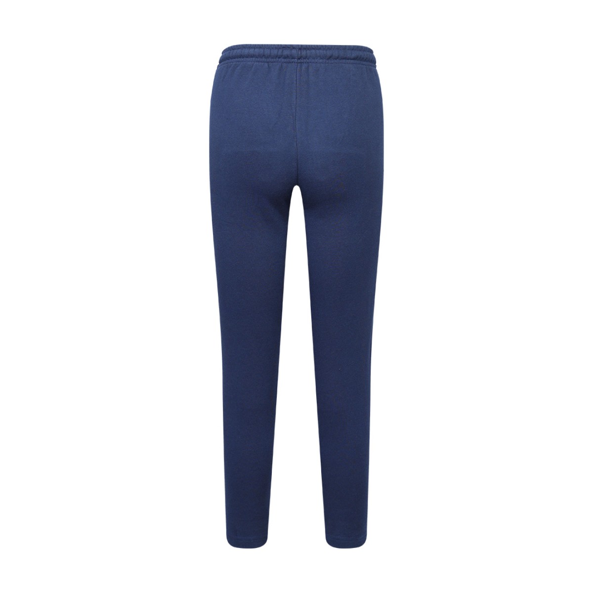 Front view of a pair of dark navy blue unisex knit summer trousers, a versatile summer wear staple 1