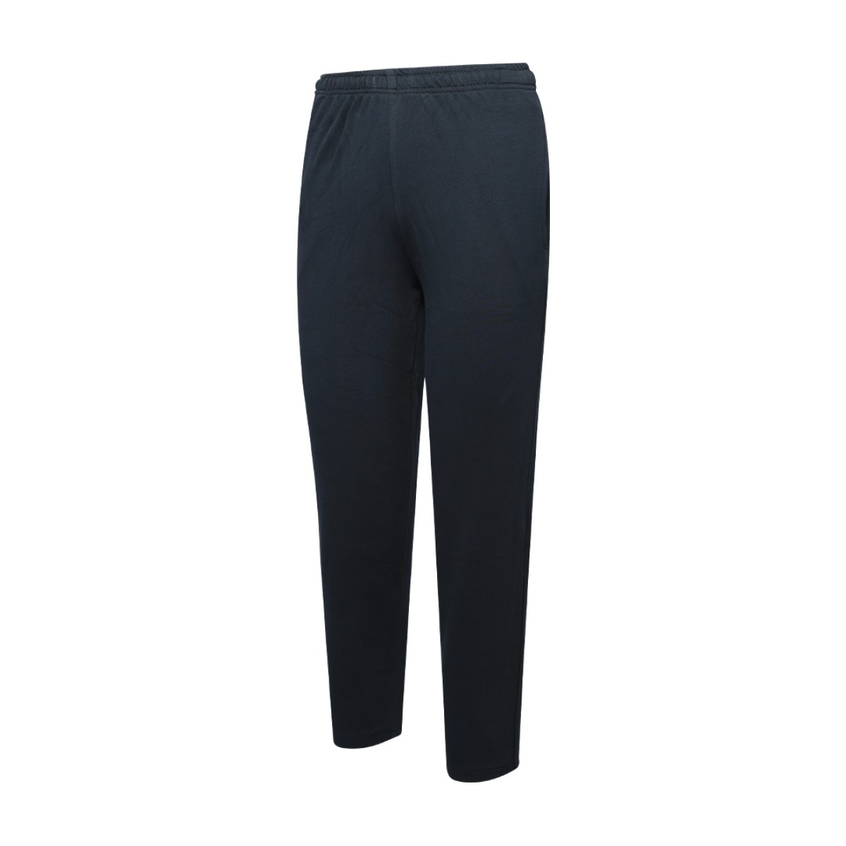Front view of a pair of dark navy blue unisex knit summer trousers, a versatile summer wear staple 2