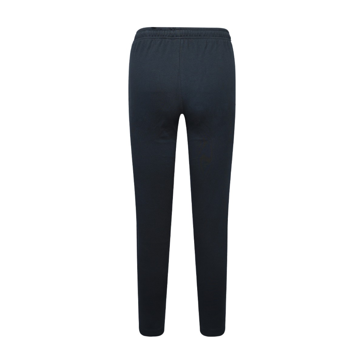 Front view of a pair of dark navy blue unisex knit summer trousers, a versatile summer wear staple 3